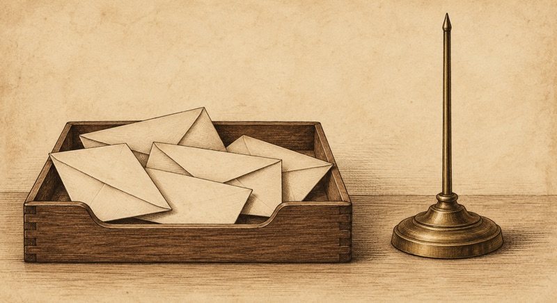 Wooden tray of envelopes beside an empty brass receipt spindle