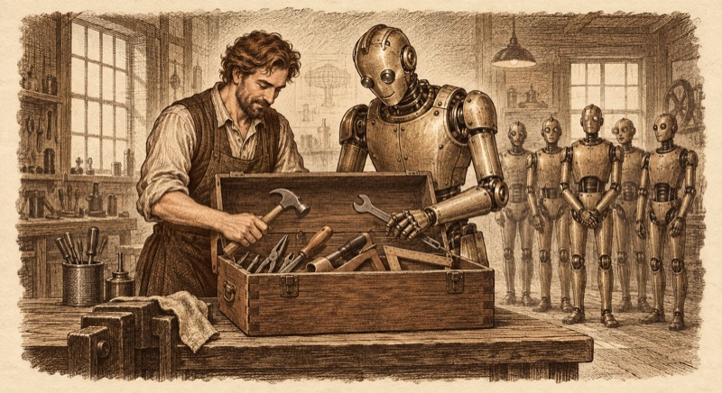 Human and mechanical colleague examine tools while five robots wait in a workshop