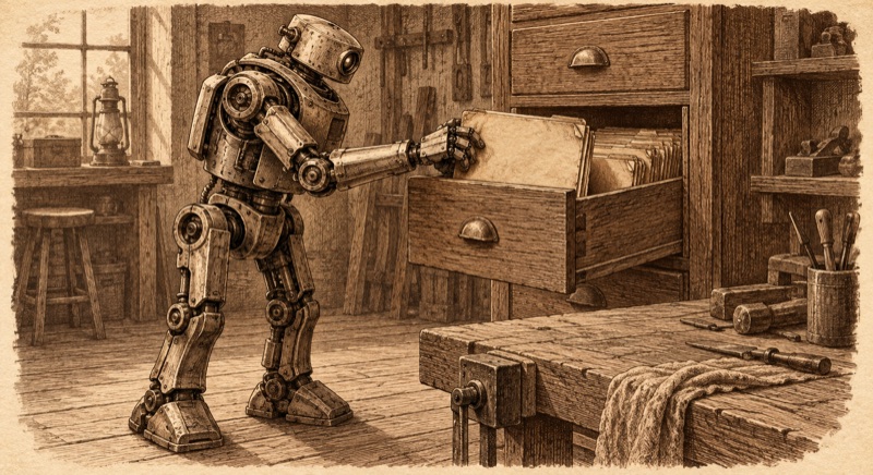 Mechanical worker pulls a worn folder from an open workshop file drawer