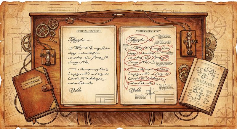Telegraph operator checking dispatch against codebook