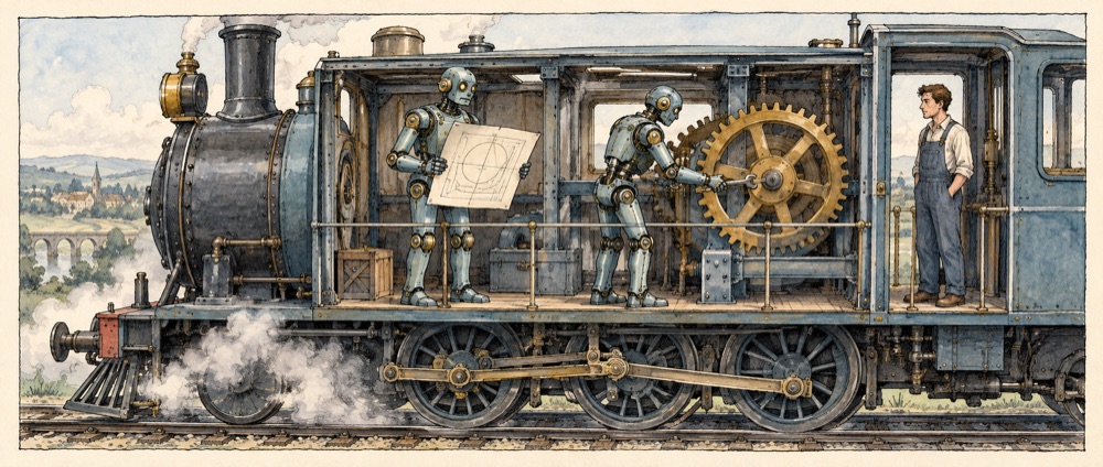 Two mechanical builders work in an open locomotive bay while a human observer watches from the cab